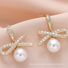 fashion bow-knot diamond earrings,14K gold plated copper setting zircon drop earring jewelry gift